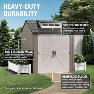 Rubbermaid Resin Outdoor Storage Shed With Floor (7 x 7 Ft) Weather Resistant Gray Organization for Home/Backyard/Garden Tools/Lawn Mower/Bike Storage/Pool Supplies - Wigtrends