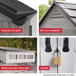 Rubbermaid Resin Outdoor Storage Shed With Floor (7 x 7 Ft) Weather Resistant Gray Organization for Home/Backyard/Garden Tools/Lawn Mower/Bike Storage/Pool Supplies - Wigtrends