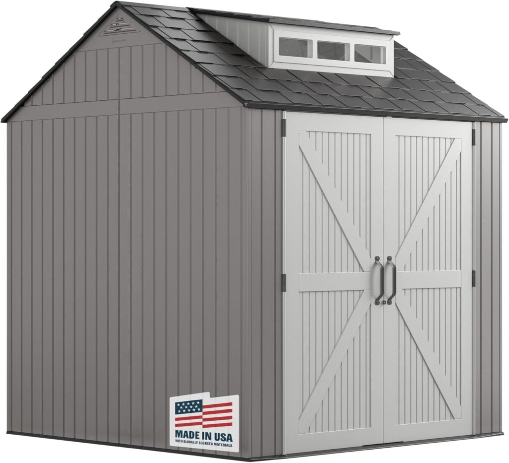 Rubbermaid Resin Outdoor Storage Shed With Floor (7 x 7 Ft) Weather Resistant Gray Organization for Home/Backyard/Garden Tools/Lawn Mower/Bike Storage/Pool Supplies - Wigtrends