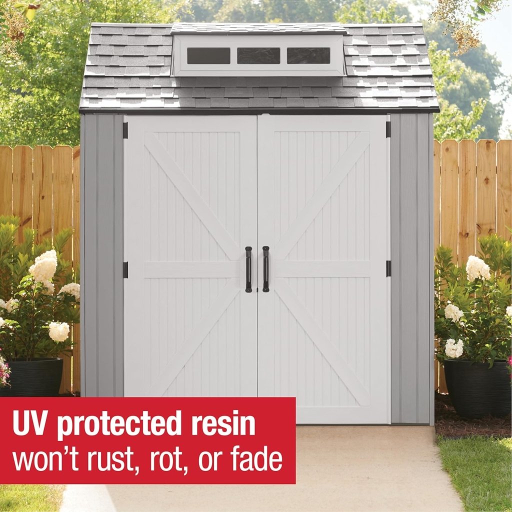 Rubbermaid Resin Outdoor Storage Shed With Floor (7 x 7 Ft) Weather Resistant Gray Organization for Home/Backyard/Garden Tools/Lawn Mower/Bike Storage/Pool Supplies - Wigtrends