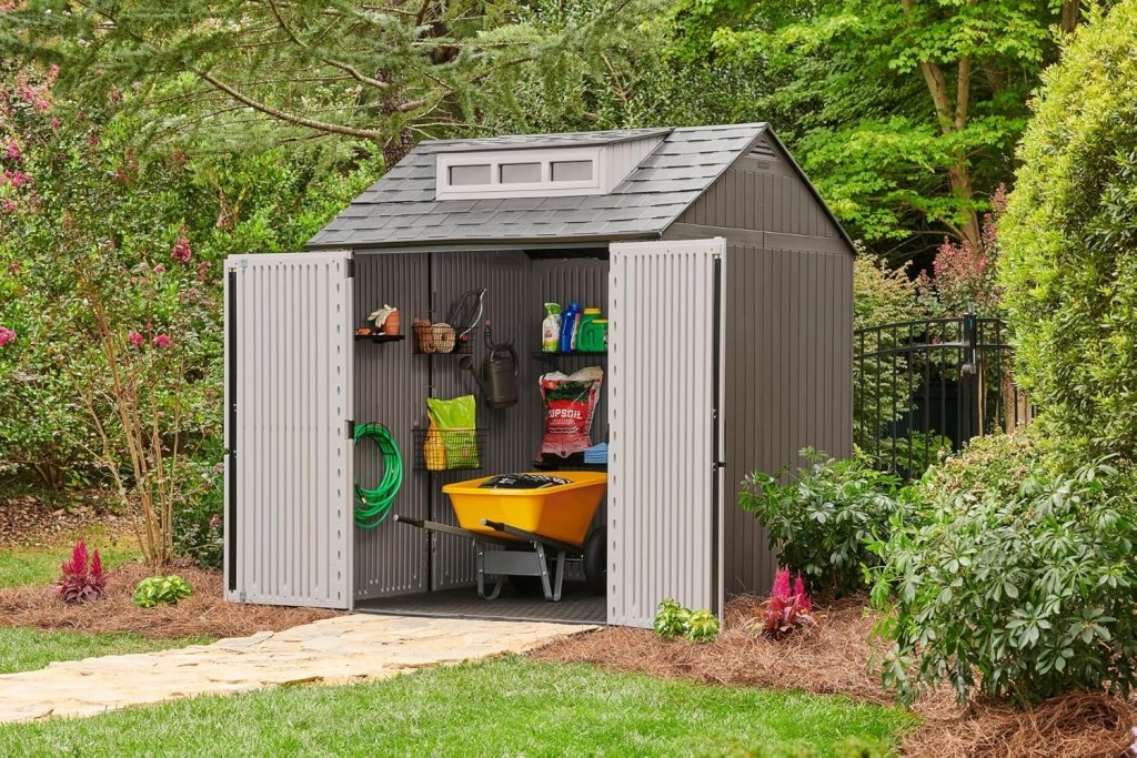 Rubbermaid Resin Outdoor Storage Shed With Floor (7 x 7 Ft) Weather Resistant Gray Organization for Home/Backyard/Garden Tools/Lawn Mower/Bike Storage/Pool Supplies - Wigtrends
