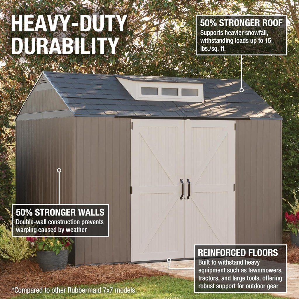 Rubbermaid Resin Outdoor Storage Shed With Floor (7 x 7 Ft) Weather Resistant Gray Organization for Home/Backyard/Garden Tools/Lawn Mower/Bike Storage/Pool Supplies - Wigtrends