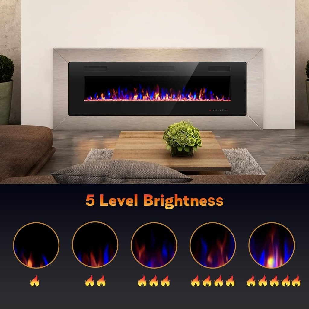 R.W.FLAME 60" Recessed and Wall Mounted Electric Fireplace, Low Noise, Fit for 2 x 6 Stud, Remote Control with Timer, Touch Screen, Adjustable Flame Color and Speed, 750 - 1500W - Wigtrends