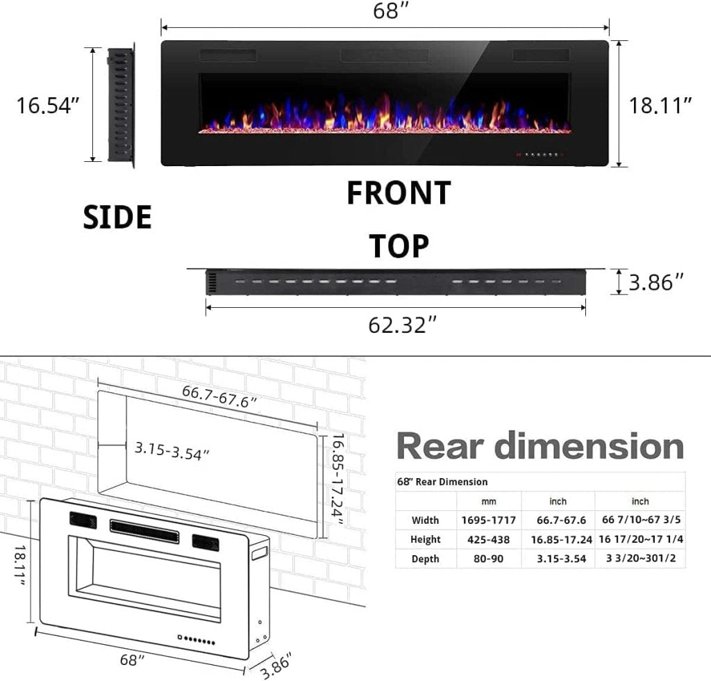 R.W.FLAME 60" Recessed and Wall Mounted Electric Fireplace, Low Noise, Fit for 2 x 6 Stud, Remote Control with Timer, Touch Screen, Adjustable Flame Color and Speed, 750 - 1500W - Wigtrends