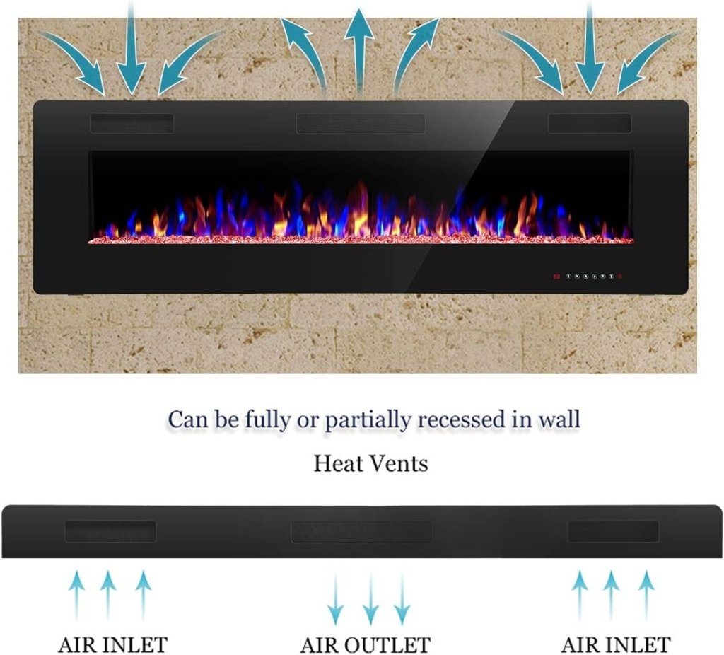 R.W.FLAME 60" Recessed and Wall Mounted Electric Fireplace, Low Noise, Fit for 2 x 6 Stud, Remote Control with Timer, Touch Screen, Adjustable Flame Color and Speed, 750 - 1500W - Wigtrends