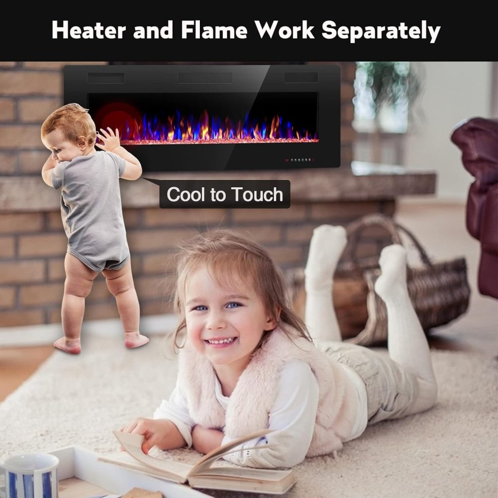 R.W.FLAME 60" Recessed and Wall Mounted Electric Fireplace, Low Noise, Fit for 2 x 6 Stud, Remote Control with Timer, Touch Screen, Adjustable Flame Color and Speed, 750 - 1500W - Wigtrends