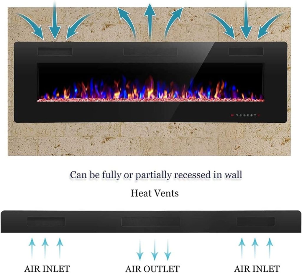R.W.FLAME 60" Recessed and Wall Mounted Electric Fireplace, Low Noise, Fit for 2 x 6 Stud, Remote Control with Timer, Touch Screen, Adjustable Flame Color and Speed, 750 - 1500W - Wigtrends
