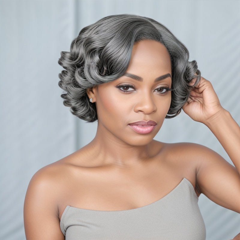 Salt And Pepper Glueless Side Part 5x5 Closure Lace Short Wigs Loose Wave Black Women Wigs - Wigtrends