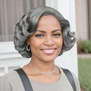 Salt And Pepper Glueless Side Part 5x5 Closure Lace Short Wigs Loose Wave Black Women Wigs - Wigtrends