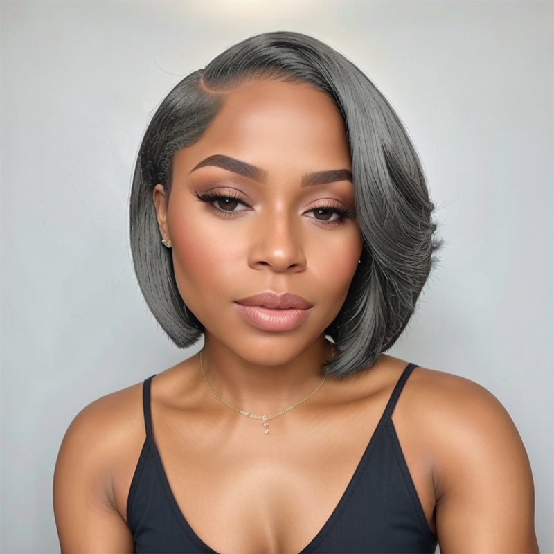 Salt and Pepper Glueless Side Wavy Bob 5x5 Closure Lace Human Hair Wigs - Wigtrends