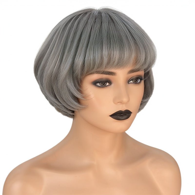 Salt And Pepper Grey Wig Short Bob Style With Bangs Human Hair - Wigtrends