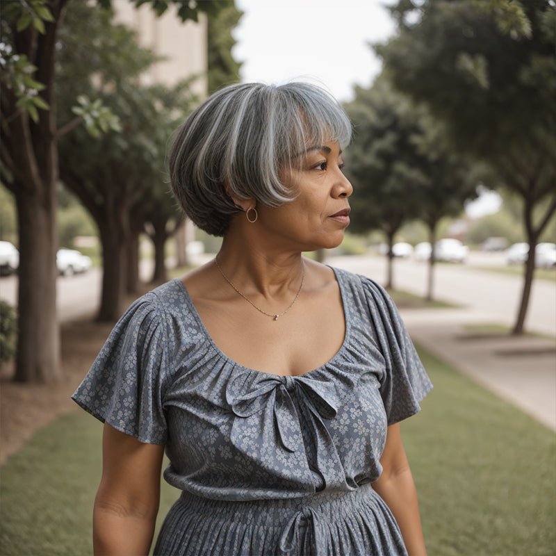 Salt And Pepper Grey Wig Short Bob Style With Bangs Human Hair - Wigtrends