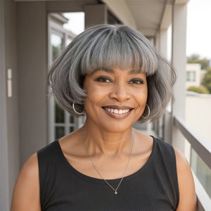 Salt And Pepper Grey Wig Short Bob Style With Bangs Human Hair - Wigtrends