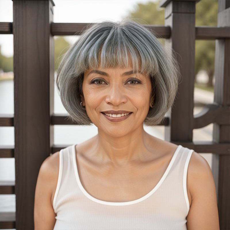 Salt And Pepper Grey Wig Short Bob Style With Bangs Human Hair - Wigtrends
