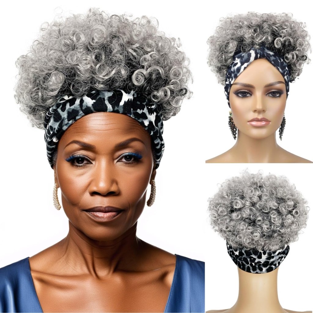 Salt and pepper headband wig human hair wigs Grey ponytails Afro Headband Wig - Wigtrends