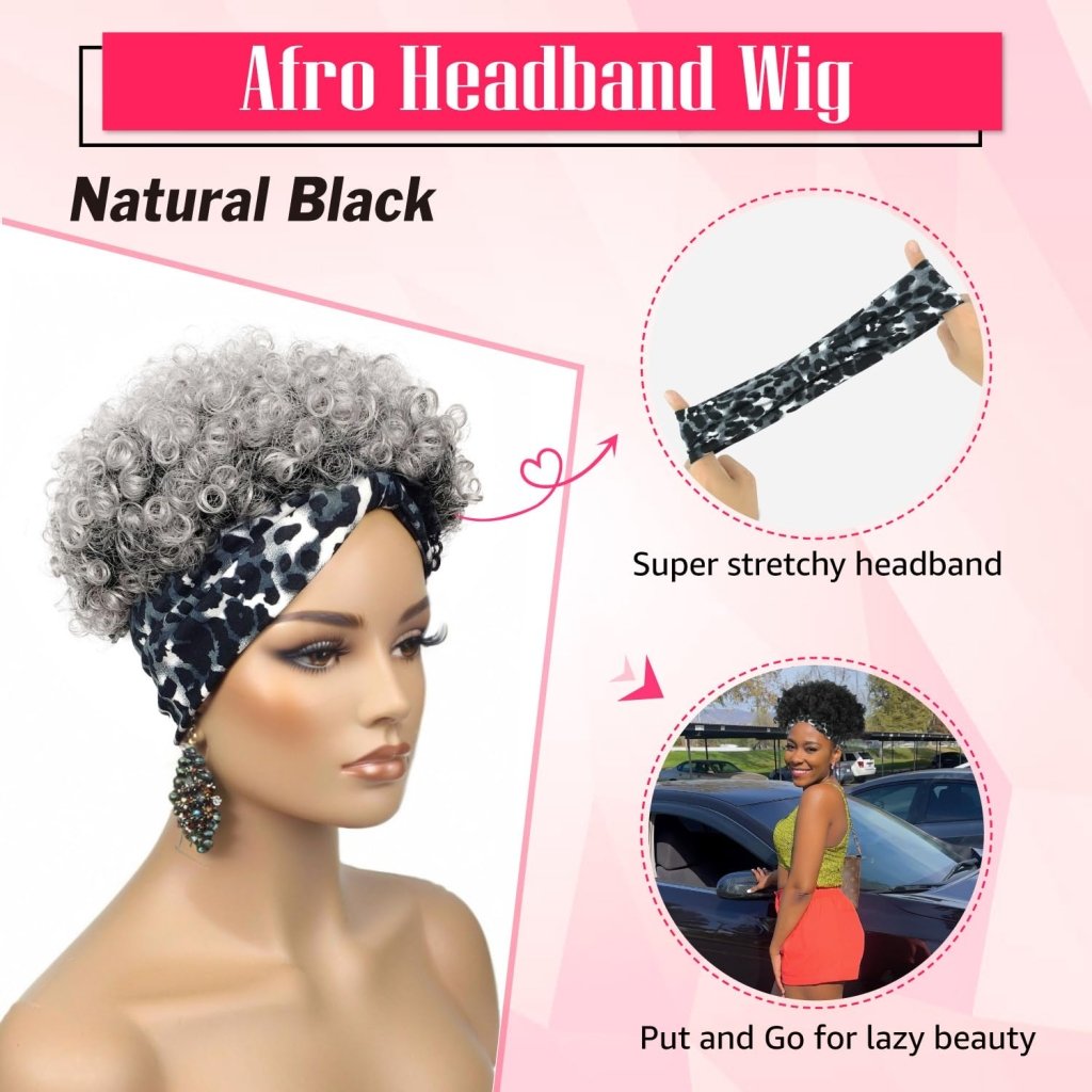 Salt and pepper headband wig human hair wigs Grey ponytails Afro Headband Wig - Wigtrends