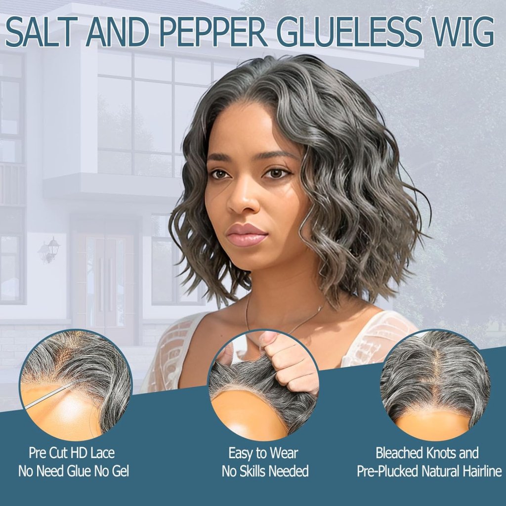 Salt And Pepper Human Hair Wigs Water Wave Grey Lace Front Wigs Short Bob Wig for Black Women - Wigtrends