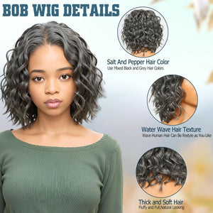 Salt And Pepper Human Hair Wigs Water Wave Grey Lace Front Wigs Short Bob Wig for Black Women - Wigtrends