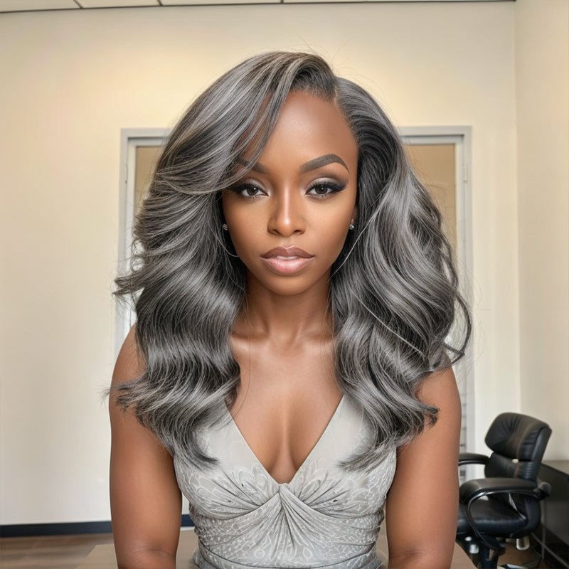 Salt And Pepper Long Hair Side Part Layered 5×5 Closure Lace Wigs - Wigtrends