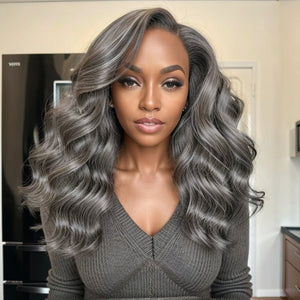 Salt And Pepper Long Hair Side Part Layered 5×5 Closure Lace Wigs - Wigtrends