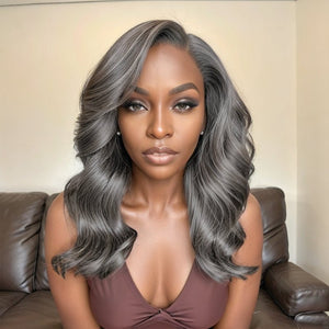 Salt And Pepper Long Hair Side Part Layered 5×5 Closure Lace Wigs - Wigtrends