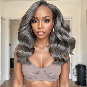 Salt And Pepper Long Hair Side Part Layered 5×5 Closure Lace Wigs - Wigtrends