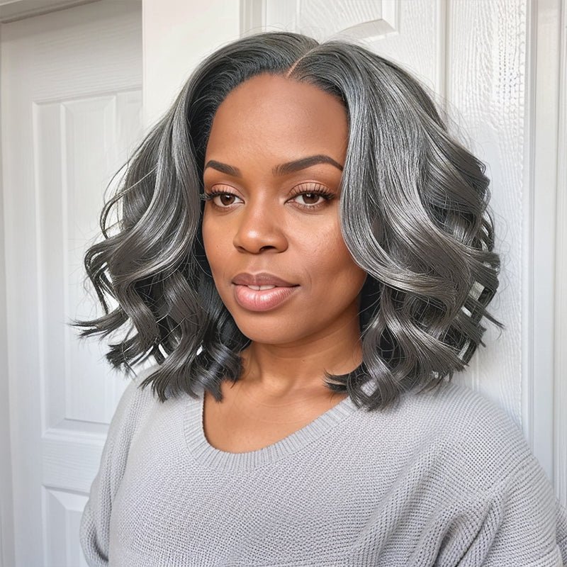 Salt And Pepper Loose Wavy 5x5 Closure Lace Glueless Pre - cut Short Bob Wigs - Wigtrends