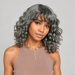 Salt And Pepper Loose Wavy Glueless Protective Style Bob Wig with Bangs Human Hair Wigs - Wigtrends