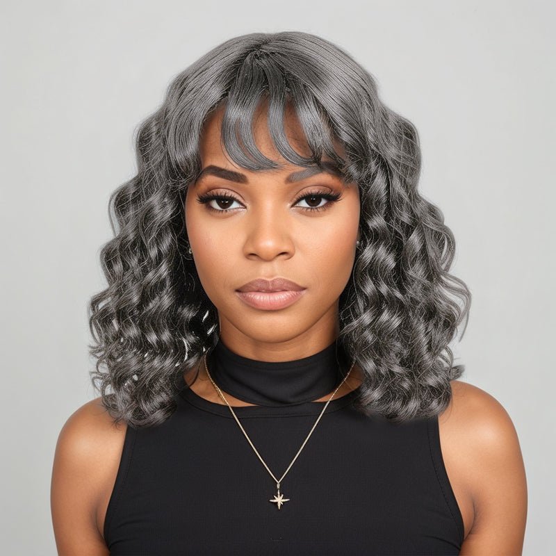 Salt And Pepper Loose Wavy Glueless Protective Style Bob Wig with Bangs Human Hair Wigs - Wigtrends