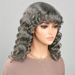 Salt And Pepper Loose Wavy Glueless Protective Style Bob Wig with Bangs Human Hair Wigs - Wigtrends