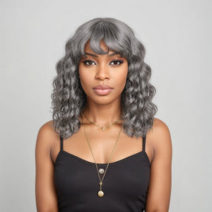 Salt And Pepper Loose Wavy Glueless Protective Style Bob Wig with Bangs Human Hair Wigs - Wigtrends