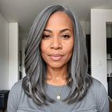 Salt And Pepper Natural Wavy Layered Cut 5x5 Lace Closure Wig 100% Virgin Human Hair - Wigtrends