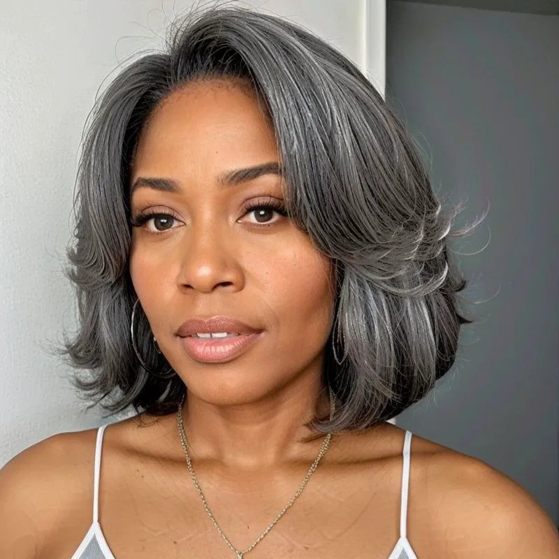 Salt and Pepper Short Bob Wigs Straight Human Hair Lace Front/Closure Wigs - Wigtrends