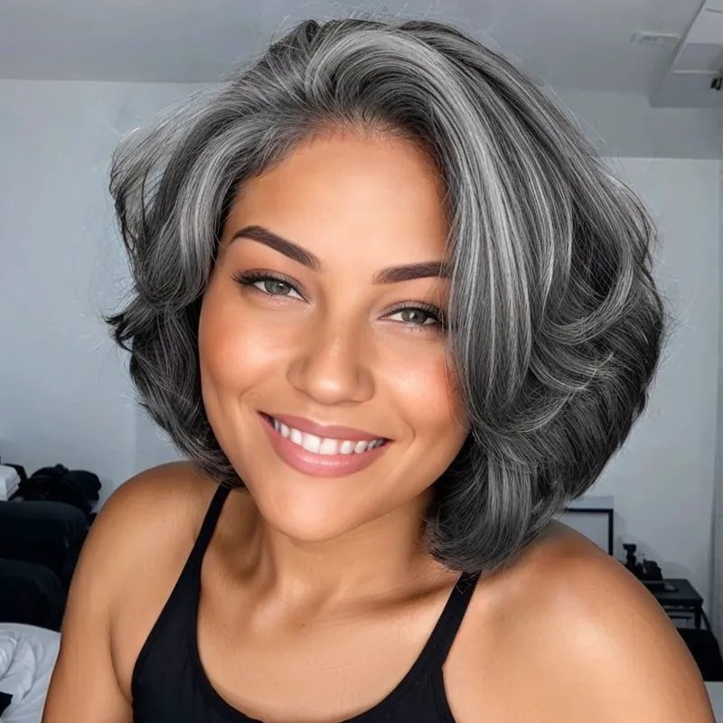 Salt and Pepper Short Bob Wigs Straight Human Hair Lace Front/Closure Wigs - Wigtrends