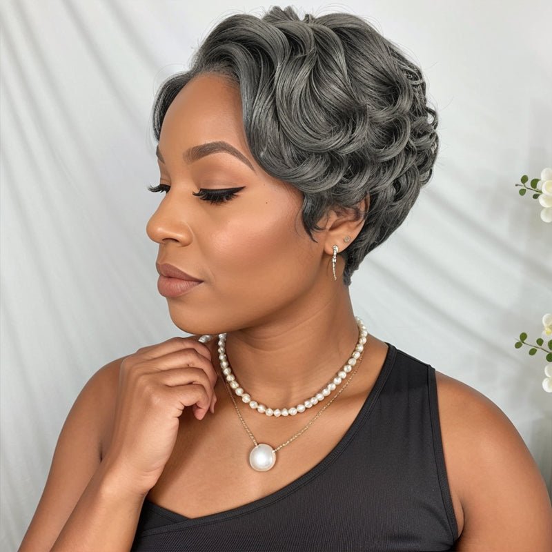 Salt And Pepper Short Pixie Cut Glueless 5x5 Closure Lace Side Part Bob Wavy Human Hair Wigs - Wigtrends