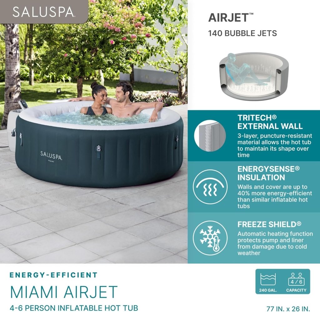 SaluSpa Aruba AirJet Large Round 2 to 3 Person Inflatable Hot Tub Portable Outdoor Spa with 110 AirJets and EnergySense Cover, Grey - Wigtrends