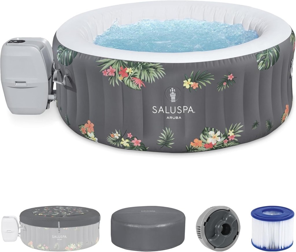 SaluSpa Aruba AirJet Large Round 2 to 3 Person Inflatable Hot Tub Portable Outdoor Spa with 110 AirJets and EnergySense Cover, Grey - Wigtrends