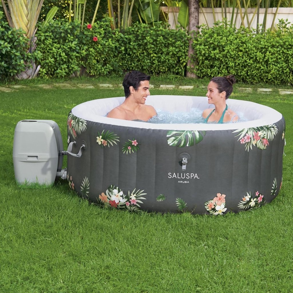 SaluSpa Aruba AirJet Large Round 2 to 3 Person Inflatable Hot Tub Portable Outdoor Spa with 110 AirJets and EnergySense Cover, Grey - Wigtrends