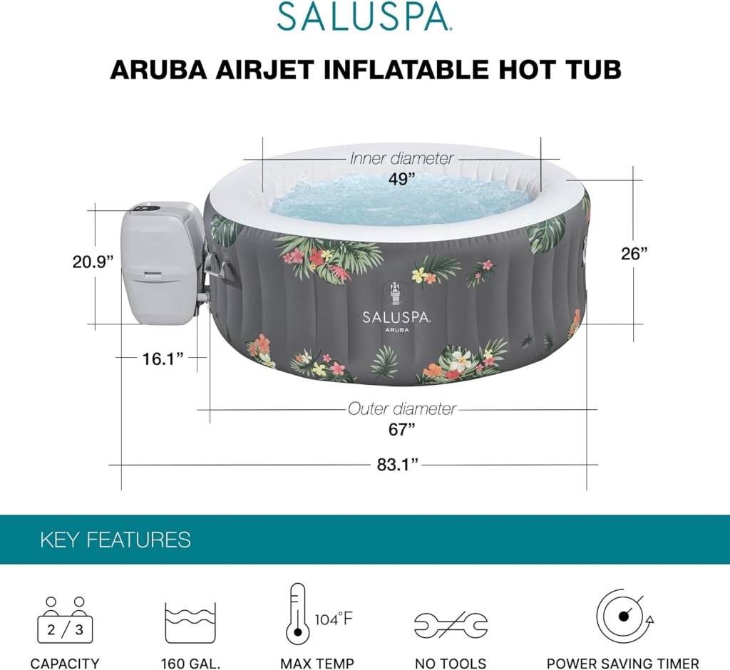 SaluSpa Aruba AirJet Large Round 2 to 3 Person Inflatable Hot Tub Portable Outdoor Spa with 110 AirJets and EnergySense Cover, Grey - Wigtrends