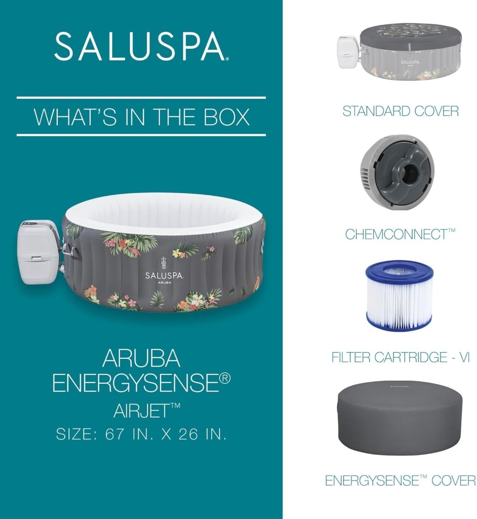 SaluSpa Aruba AirJet Large Round 2 to 3 Person Inflatable Hot Tub Portable Outdoor Spa with 110 AirJets and EnergySense Cover, Grey - Wigtrends