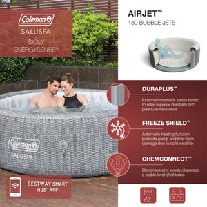 SaluSpa Sicily AirJet 7 Person Inflatable Hot Tub Round Portable Outdoor Spa with 180 Soothing AirJets and Insulated Cover, Gray - Wigtrends