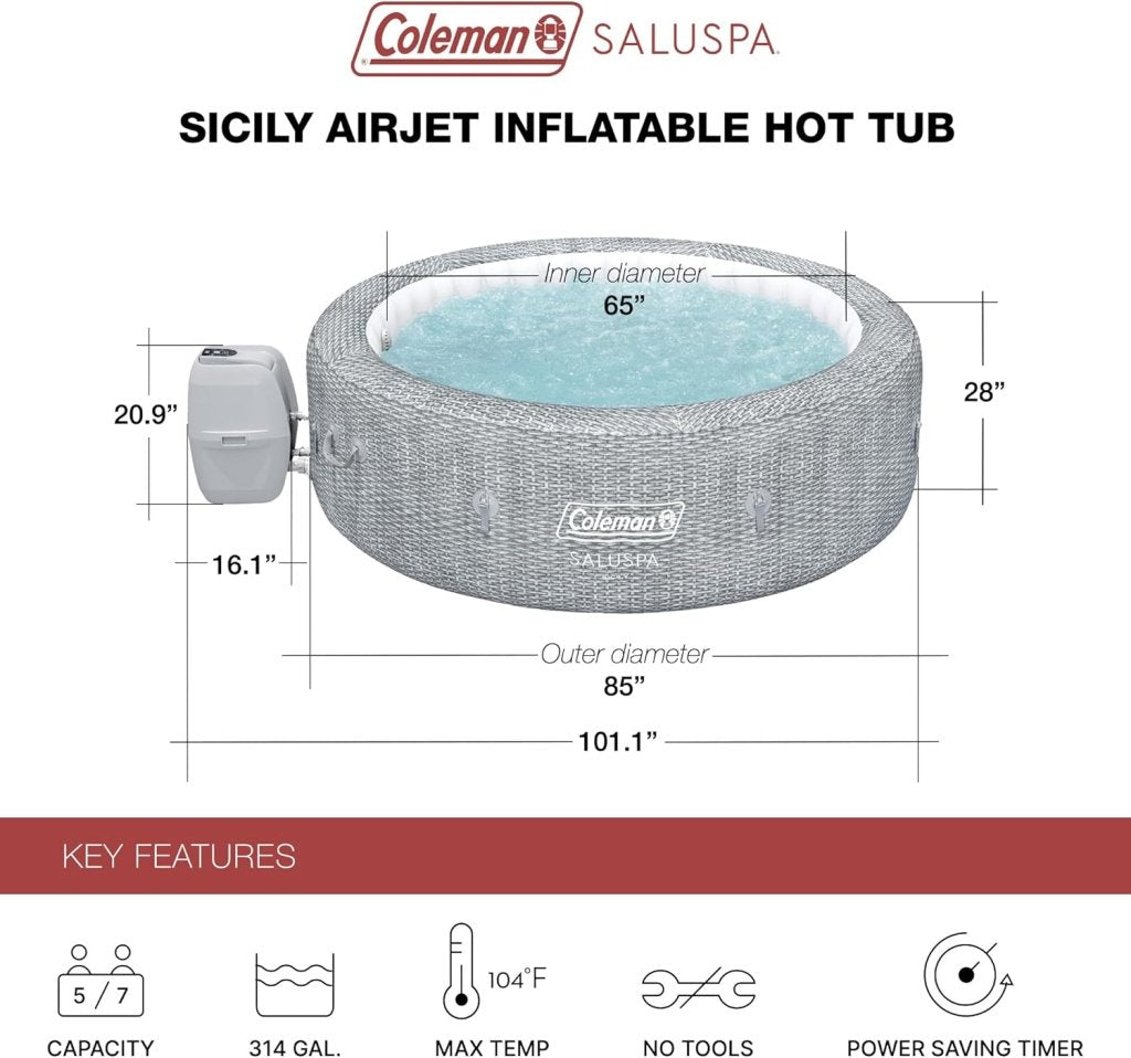SaluSpa Sicily AirJet 7 Person Inflatable Hot Tub Round Portable Outdoor Spa with 180 Soothing AirJets and Insulated Cover, Gray - Wigtrends
