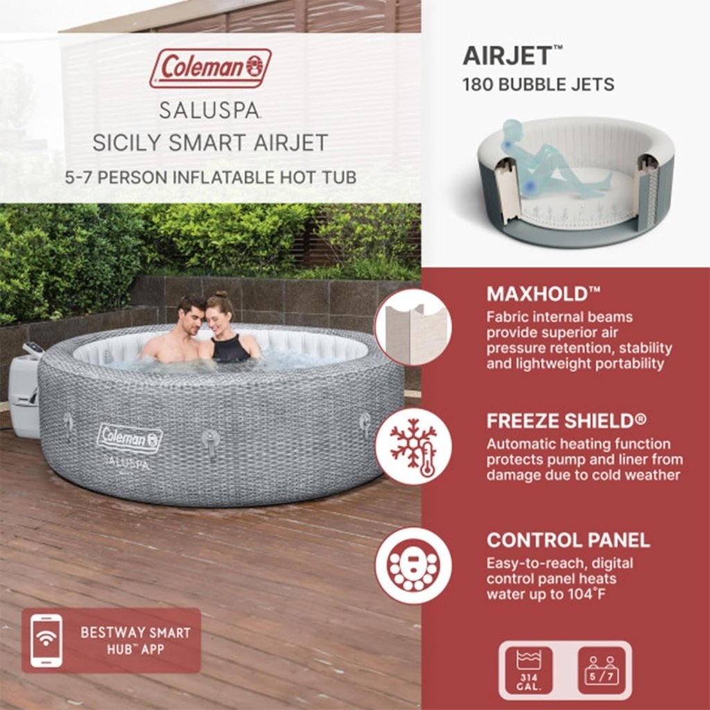 SaluSpa Sicily AirJet 7 Person Inflatable Hot Tub Round Portable Outdoor Spa with 180 Soothing AirJets and Insulated Cover, Gray - Wigtrends