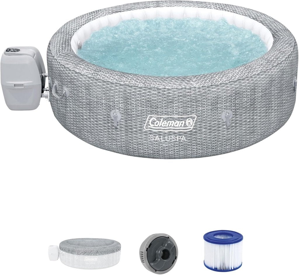 SaluSpa Sicily AirJet 7 Person Inflatable Hot Tub Round Portable Outdoor Spa with 180 Soothing AirJets and Insulated Cover, Gray - Wigtrends