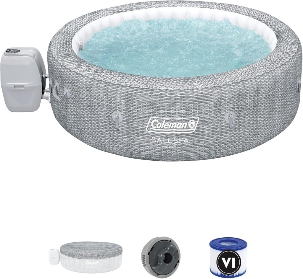 SaluSpa Sicily AirJet 7 Person Inflatable Hot Tub Round Portable Outdoor Spa with 180 Soothing AirJets and Insulated Cover, Gray - Wigtrends