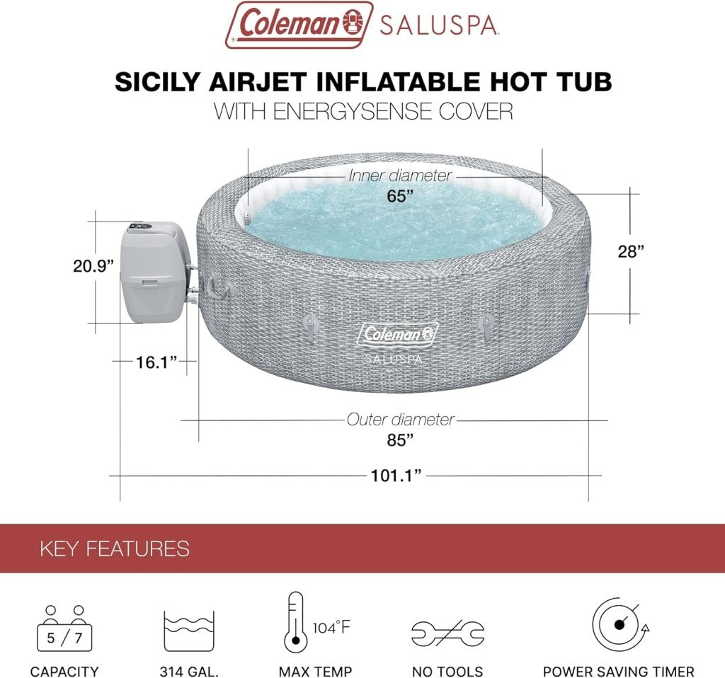 SaluSpa Sicily AirJet 7 Person Inflatable Hot Tub Round Portable Outdoor Spa with 180 Soothing AirJets and Insulated Cover, Gray - Wigtrends