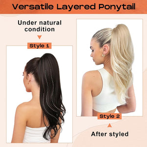 SEIKEA Versatile Drawstring Ponytail Extension, 26" Long Wavy Multi Layered Clip in Ponytail Hair Extensions Stand Up High Fake Pony Tail Soft Natural Synthetic Hairpiece Silver Grey to White - Wigtrends