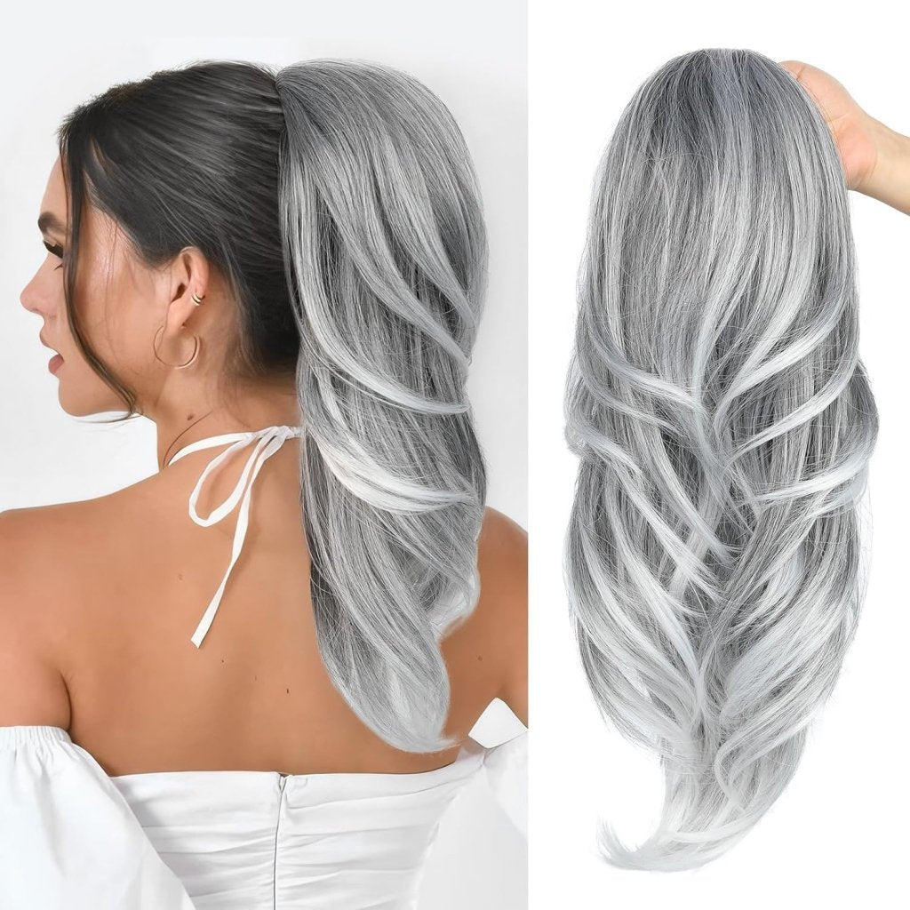 SEIKEA Versatile Drawstring Ponytail Extension, 26" Long Wavy Multi Layered Clip in Ponytail Hair Extensions Stand Up High Fake Pony Tail Soft Natural Synthetic Hairpiece Silver Grey to White - Wigtrends