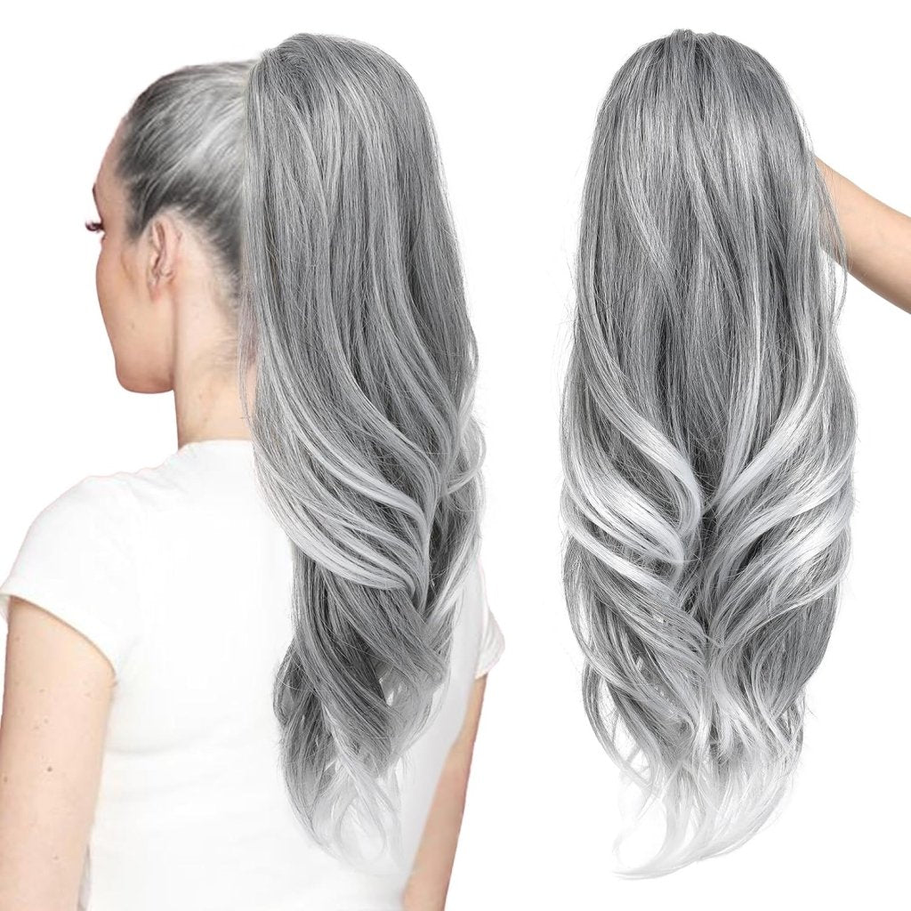 SEIKEA Versatile Drawstring Ponytail Extension, 26" Long Wavy Multi Layered Clip in Ponytail Hair Extensions Stand Up High Fake Pony Tail Soft Natural Synthetic Hairpiece Silver Grey to White - Wigtrends