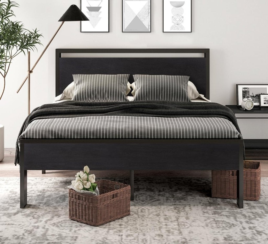 SHA CERLIN 14 Inch Full Size Metal Platform Bed Frame with Wooden Headboard and Footboard, Mattress Foundation, No Box Spring Needed, Large Under Bed Storage, Non - Slip Without Noise, Mahogany - Wigtrends